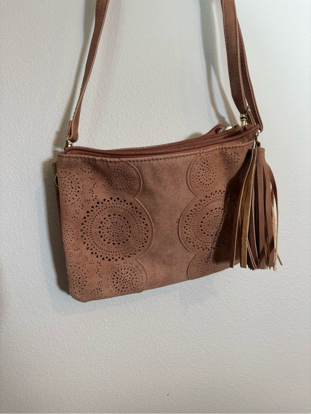 Suede Tassel Crossbody Bag in Brown